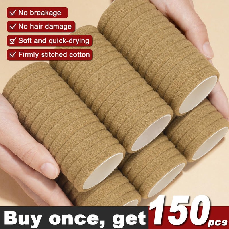 IKOCO 150PCS Hair Ties, Hair Ties for Women No Damage, Cotton Seamless Ponytail Holders for Thick Hair, Light Brown - Image 2